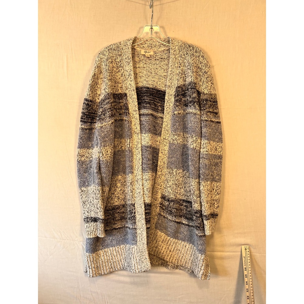 Style & Co Womens Blue White Marled Striped Open Front Longline Cardigan Size L